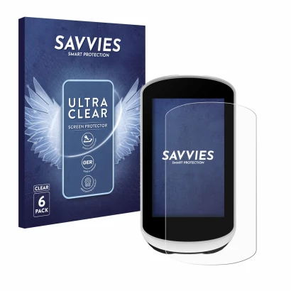 Front side of a product packaging with the brand logo Savvies. Next to it is the device Garmin Edge Explore 2 shown with the c