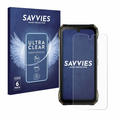 Front side of a product packaging with the brand logo Savvies. Next to it is the device Doogee S89 Pro shown with the correspo