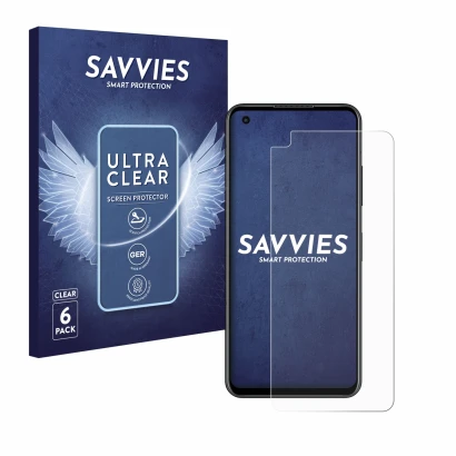 Front side of a product packaging with the brand logo Savvies. Next to it is the device ASUS ZenFone 9 shown with the correspo