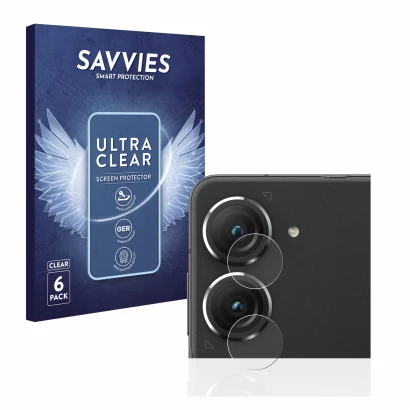 Front side of a product packaging with the brand logo Savvies. Next to it is the device ASUS ZenFone 9 (ONLY Camera Lens) show