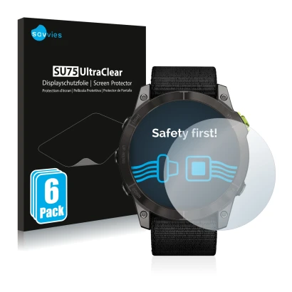 Front side of a product packaging with the brand logo Savvies. Next to it is the device Garmin Enduro 2 shown with the corresp