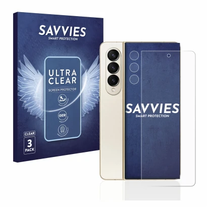 Front side of a product packaging with the brand logo Savvies. Next to it is the device Samsung Galaxy Z Fold 4 (Front+Camera)