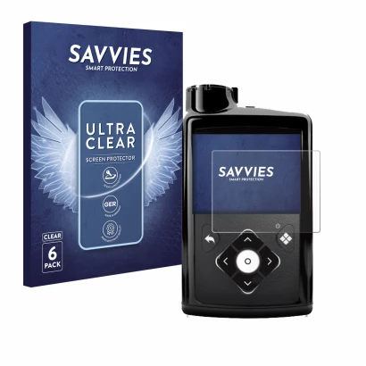 Front side of a product packaging with the brand logo Savvies. Next to it is the device Medtronic Minimed 780G shown with the 