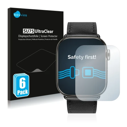 Front side of a product packaging with the brand logo Savvies. Next to it is the device Apple Watch Hermès (41 mm) shown with 