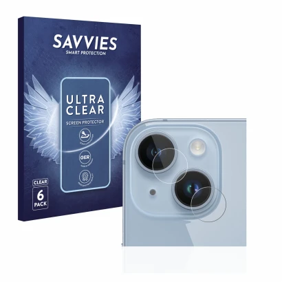 Front side of a product packaging with the brand logo Savvies. Next to it is the device Apple iPhone 14 (ONLY Camera Lens) sho