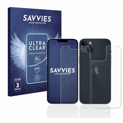 Front side of a product packaging with the brand logo Savvies. Next to it is the device Apple iPhone 14 (Front+Back) shown wit