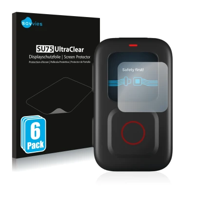 Front side of a product packaging with the brand logo Savvies. Next to it is the device GoPro Remote shown with the correspond