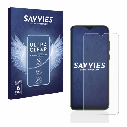 Front side of a product packaging with the brand logo Savvies. Next to it is the device Blackview A55 shown with the correspon