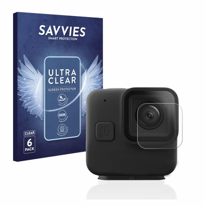 Front side of a product packaging with the brand logo Savvies. Next to it is the device GoPro Hero 11 mini Lens (housing) show