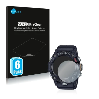 Front side of a product packaging with the brand logo Savvies. Next to it is the device Casio G-Shock Mudmaster GG-B100-1AER s