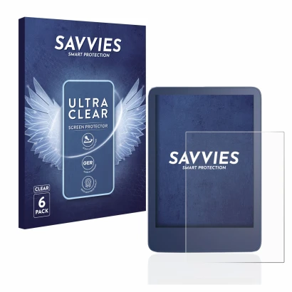Front side of a product packaging with the brand logo Savvies. Next to it is the device Amazon Kindle Reader 2022 shown with t