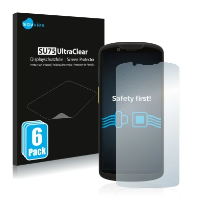 Front side of a product packaging with the brand logo Savvies. Next to it is the device Zebra TC58 shown with the correspondin