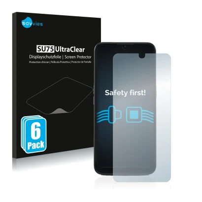 Front side of a product packaging with the brand logo Savvies. Next to it is the device Doro 8100 PLUS shown with the correspo