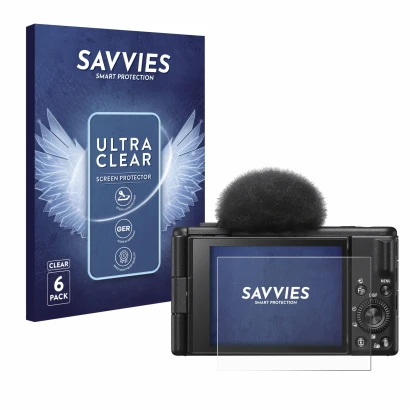 Front side of a product packaging with the brand logo Savvies. Next to it is the device Sony ZV-1F shown with the correspondin