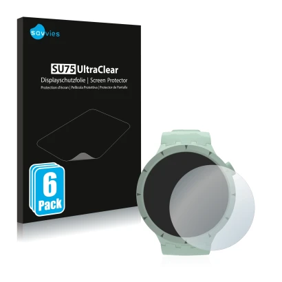 Front side of a product packaging with the brand logo Savvies. Next to it is the device Swatch Big Bold Bioceramic shown with 