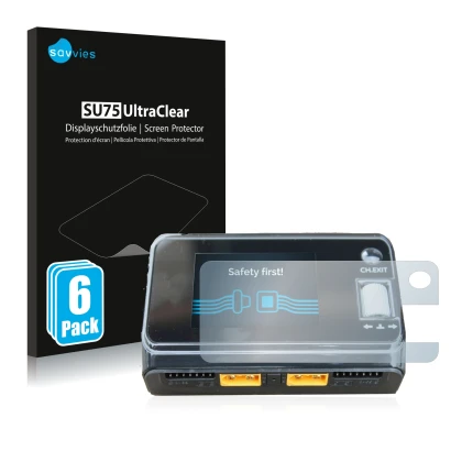 Front side of a product packaging with the brand logo Savvies. Next to it is the device ToolkitRC M6D Dual Charger shown with 