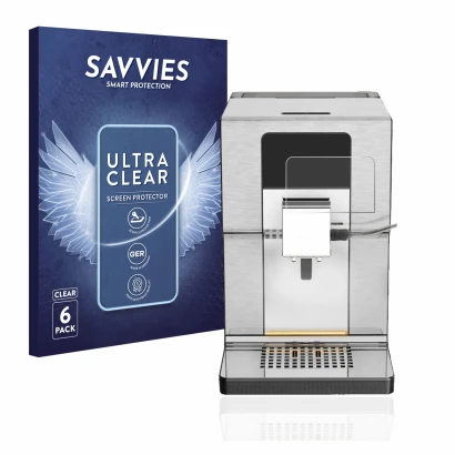 Front side of a product packaging with the brand logo Savvies. Next to it is the device Krups Intuition Experience+ EA877D10 s