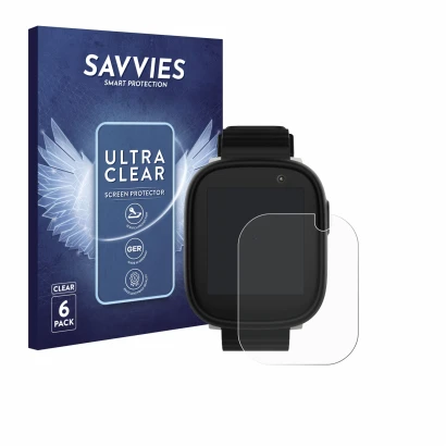 Front side of a product packaging with the brand logo Savvies. Next to it is the device Xplora X6 Play 2022 (1st generation) s