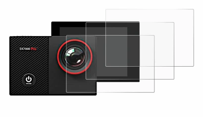 Image of the device Akaso EK7000 Pro with a wide variety of screen protectors.