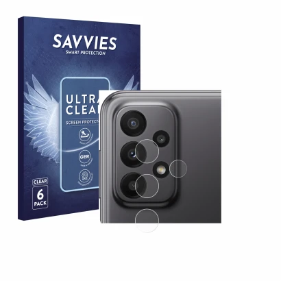 Front side of a product packaging with the brand logo Savvies. Next to it is the device Samsung Galaxy A23 5G (ONLY Camera Len