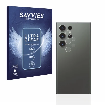 Front side of a product packaging with the brand logo Savvies. Next to it is the device Samsung Galaxy S23 Ultra (ONLY Camera 