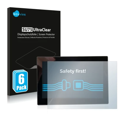 Front side of a product packaging with the brand logo Savvies. Next to it is the device MG 4 7-Zoll Digitales Instrumentendisp