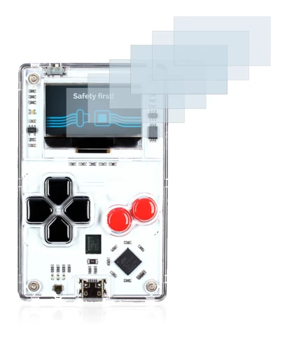 Image of the device Arduboy FX with a wide variety of screen protectors.