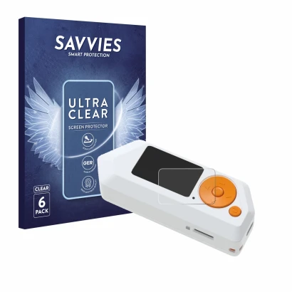 Front side of a product packaging with the brand logo Savvies. Next to it is the device Flipper Zero FZ.1 shown with the corre