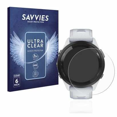 Front side of a product packaging with the brand logo Savvies. Next to it is the device Garmin Forerunner 265 (46 mm) shown wi