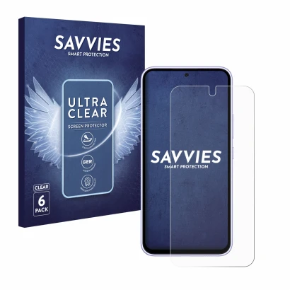 Front side of a product packaging with the brand logo Savvies. Next to it is the device Samsung Galaxy A54 5G shown with the c