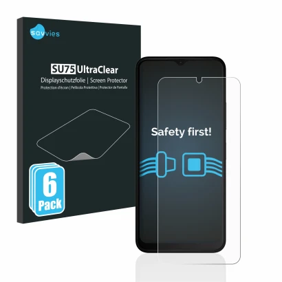 Front side of a product packaging with the brand logo Savvies. Next to it is the device Nokia C32 shown with the corresponding