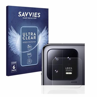 Front side of a product packaging with the brand logo Savvies. Next to it is the device Xiaomi 13 (ONLY Camera Lens) shown wit