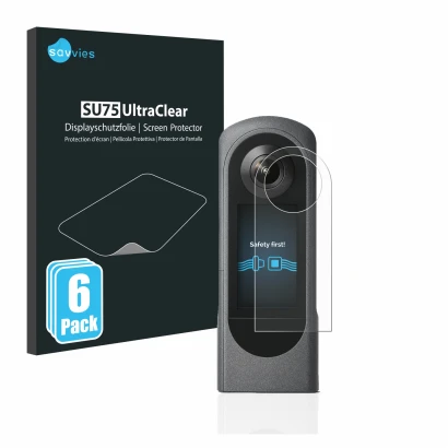 Front side of a product packaging with the brand logo Savvies. Next to it is the device Ricoh Theta X shown with the correspon