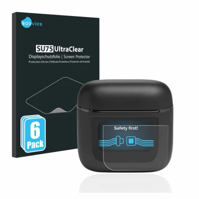Front side of a product packaging with the brand logo Savvies. Next to it is the device JBL Tour Pro 2 shown with the correspo