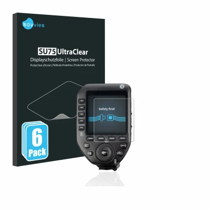 Front side of a product packaging with the brand logo Savvies. Next to it is the device Godox XPro II shown with the correspon