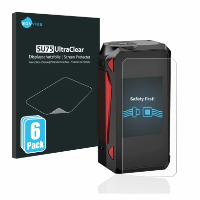 Front side of a product packaging with the brand logo Savvies. Next to it is the device Smok G-Priv 4 shown with the correspon