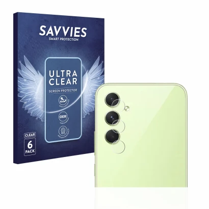 Front side of a product packaging with the brand logo Savvies. Next to it is the device Samsung Galaxy A54 5G (ONLY Camera Len