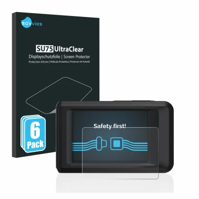 Front side of a product packaging with the brand logo Savvies. Next to it is the device Hikmicro Pocket 2 shown with the corre