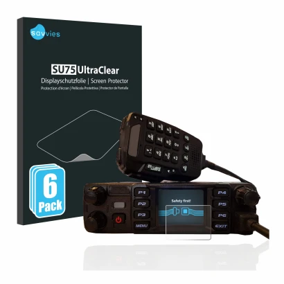 Front side of a product packaging with the brand logo Savvies. Next to it is the device AnyTone AT-D578UV plus shown with the 