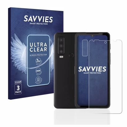 Front side of a product packaging with the brand logo Savvies. Next to it is the device Caterpillar Cat S75 (Front+Camera) sho
