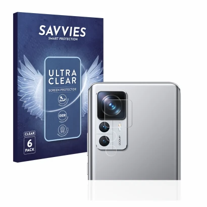 Front side of a product packaging with the brand logo Savvies. Next to it is the device Xiaomi 12T Pro (ONLY Camera Lens) show