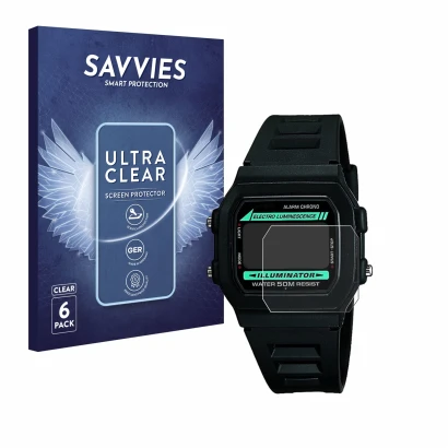Front side of a product packaging with the brand logo Savvies. Next to it is the device Casio W-86-1VQES shown with the corres