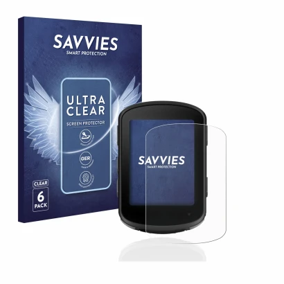 Front side of a product packaging with the brand logo Savvies. Next to it is the device Garmin Edge 540 shown with the corresp