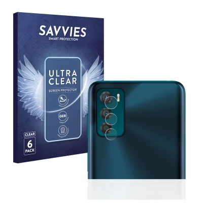Front side of a product packaging with the brand logo Savvies. Next to it is the device Motorola Moto G42 (ONLY Camera Lens) s
