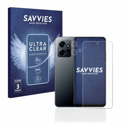 Front side of a product packaging with the brand logo Savvies. Next to it is the device Xiaomi Redmi Note 12 4G (Front+Camera)