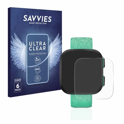 Front side of a product packaging with the brand logo Savvies. Next to it is the device Garmin Bounce shown with the correspon