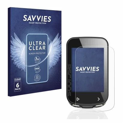 Front side of a product packaging with the brand logo Savvies. Next to it is the device iGPSPORT BSC100S shown with the corres