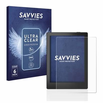Front side of a product packaging with the brand logo Savvies. Next to it is the device Boox Poke 5 shown with the correspondi