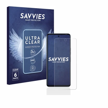 Front side of a product packaging with the brand logo Savvies. Next to it is the device Tecno Camon 20 Pro 5G shown with the c