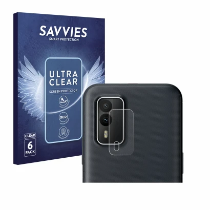 Front side of a product packaging with the brand logo Savvies. Next to it is the device Nokia XR21 (ONLY Camera Lens) shown wi